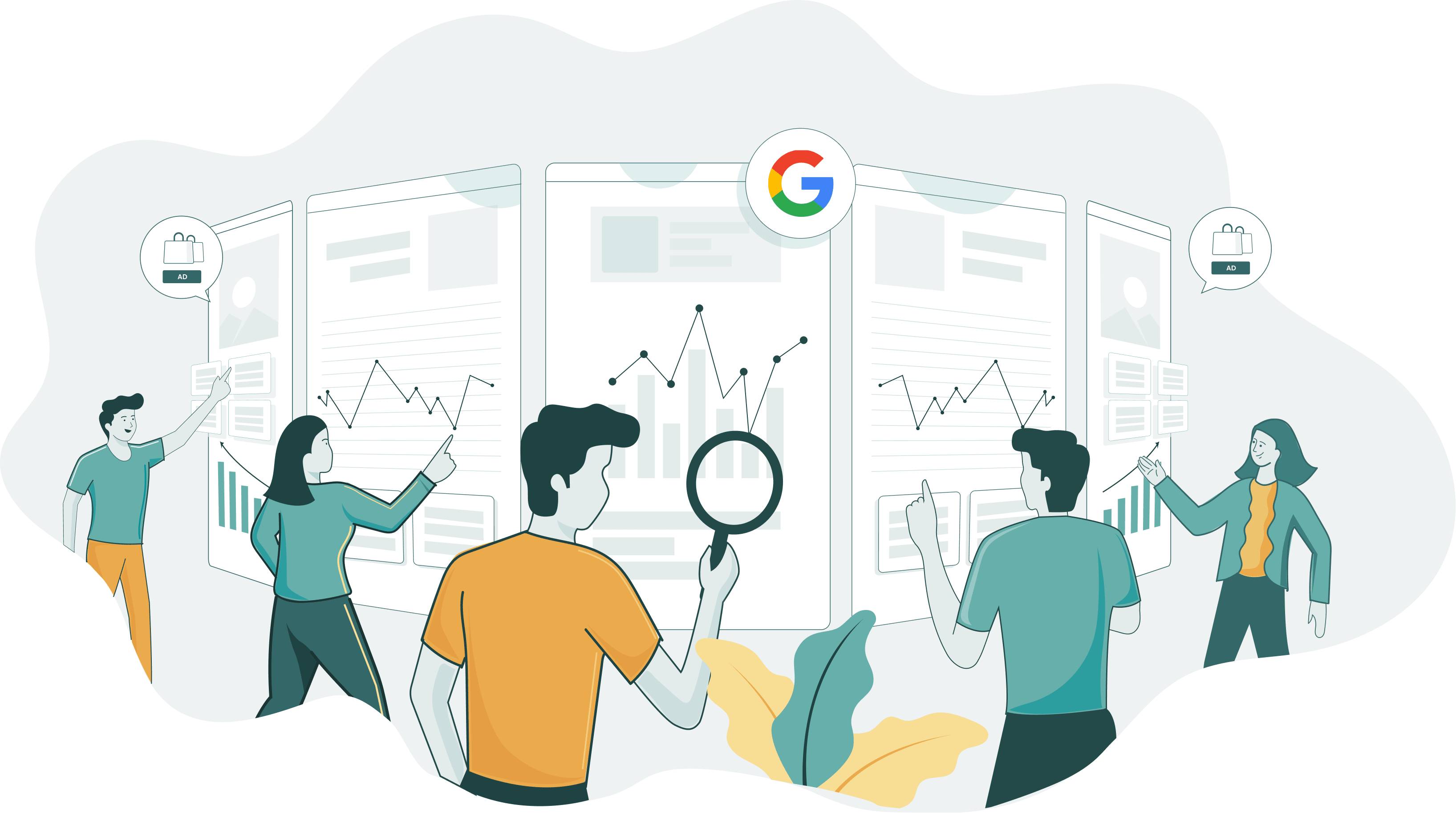 Team collaborating on digital marketing analytics dashboards with Google integration